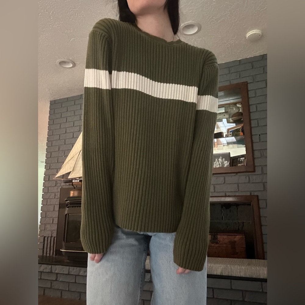 GAP Olive Green Ribbed Crewneck Sweater with White Stripe